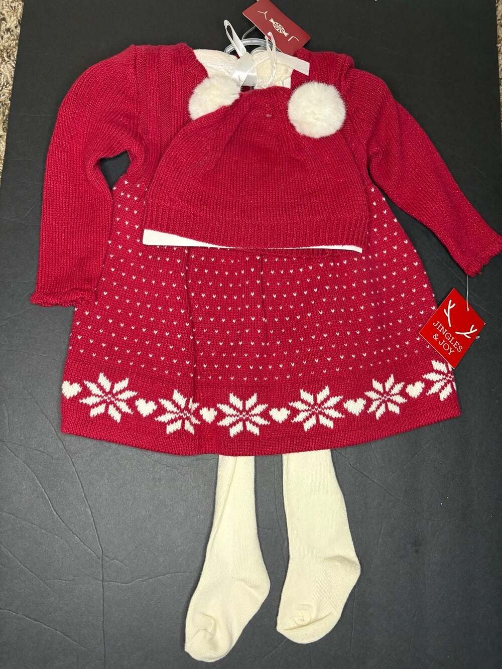 Jingles & Joy Baby Girls Red Fair Isle Snowflake Sweater Dress Set with Hat and